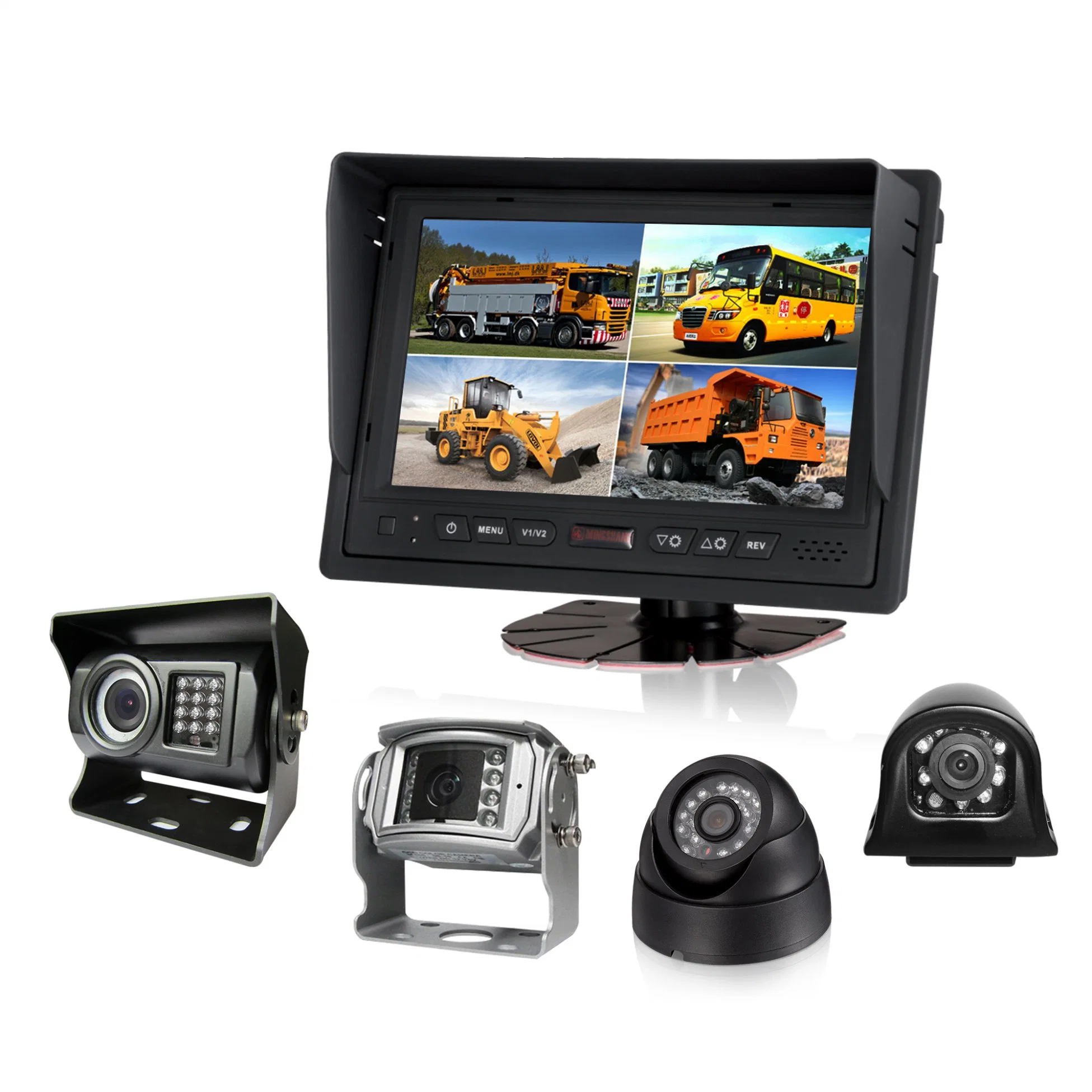 Rear View System with 7" Quad TFT LCD Monitor and Four Waterproof Backup Cameras