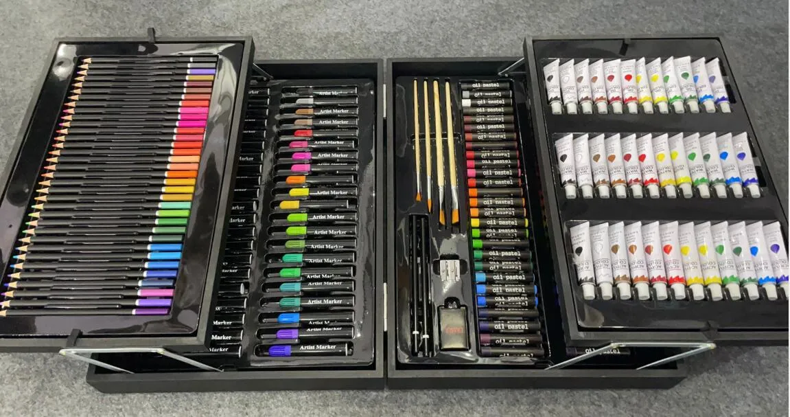 174 STÜCK Doppelschicht Holzbox Verpackung Geschenk-Set Zeichnung Malen Bunte Bleistift Aquarell Stift Marker Stift Kunst Set