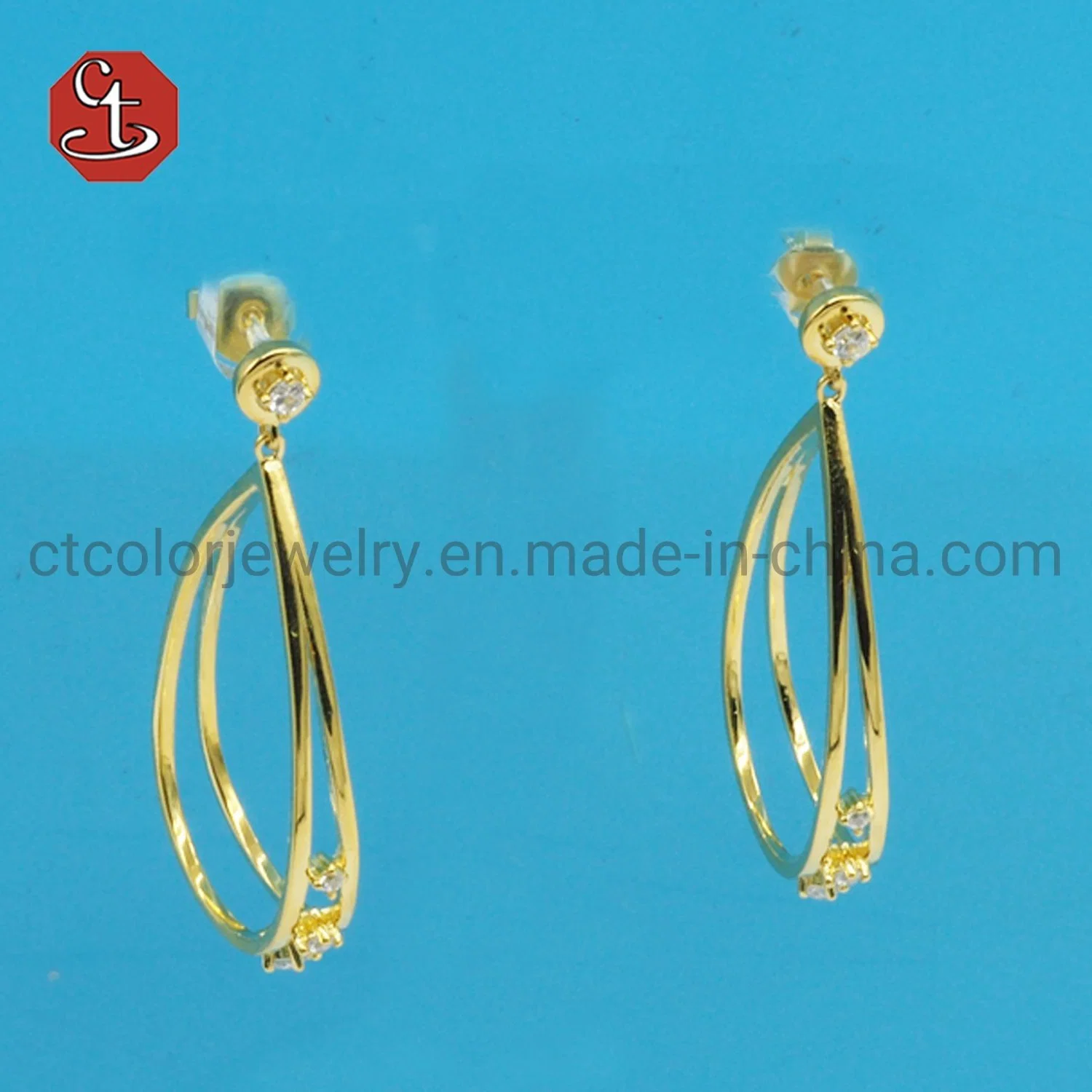 European and American Hot Sales Style & Few Bazel CZ Triangle Drop Dangle Earrings Brass & Silver Jewelry