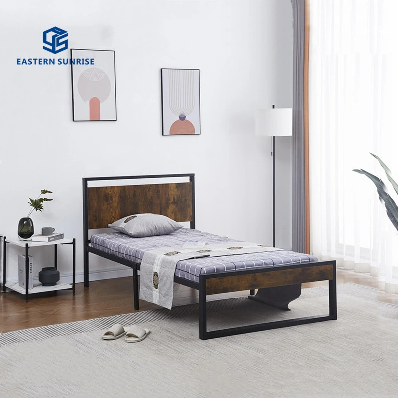 Cadres de lits métalliques lourds avec tête de lit en bois, mobilier de chambre simple/double