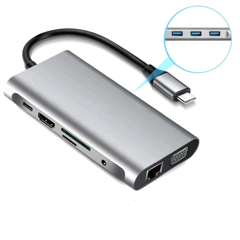 10in1 HD Pd SD/TF Audio RJ45 VGA 3*USB3,0 Typ-C Hub