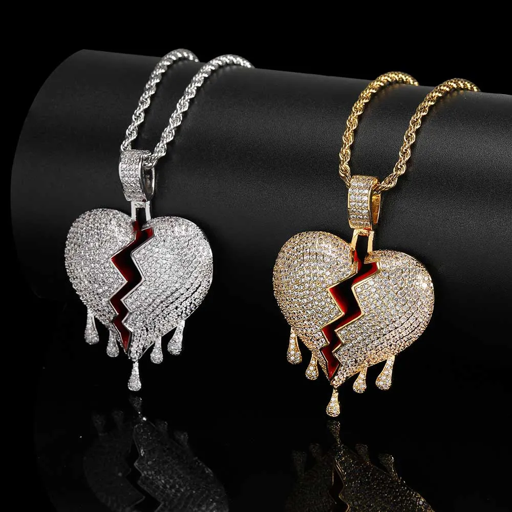 Nouvelles de hip hop européens et américains de zircon Water drop Heartbreak exploitable Pendentif coeur bijoux Brokeheart cassé