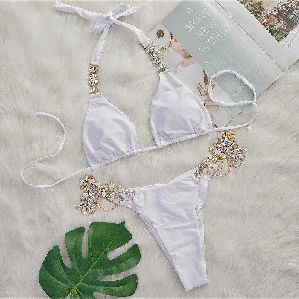 New Ins Sexy Crystal Diamond Swimsuit White Split Bikini Beach Swimwear for Women