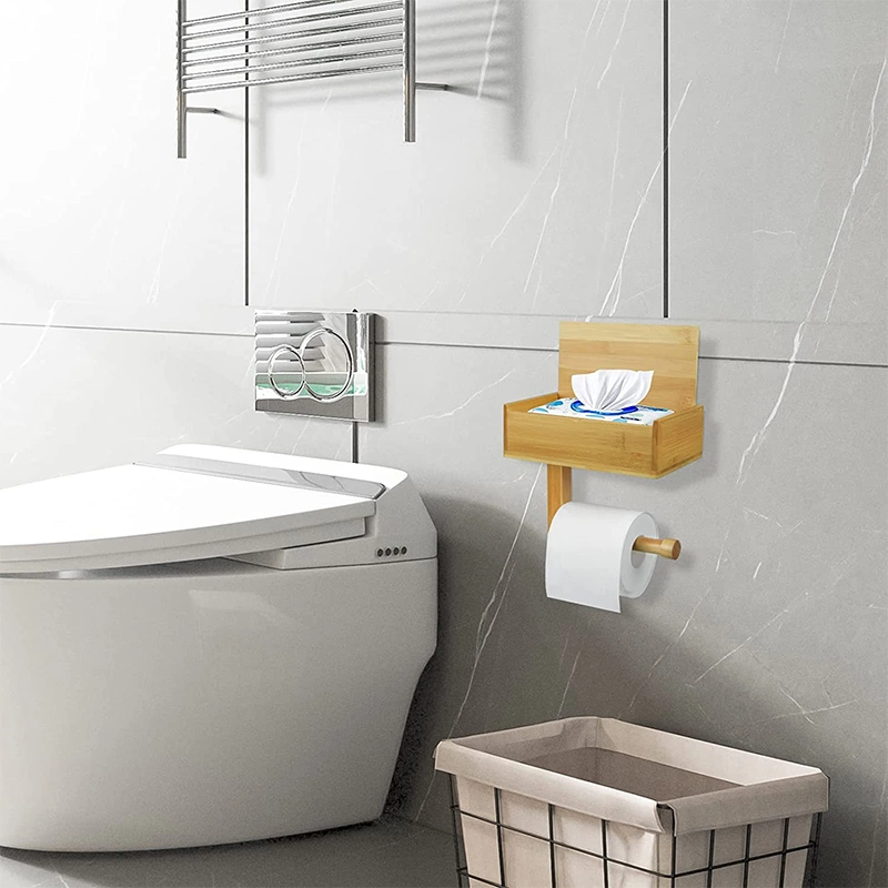 New Product Toilet Paper Tissue Towel Holder Wall Mounted Bamboo Storage with Stainless Steel Roll Paper Holder