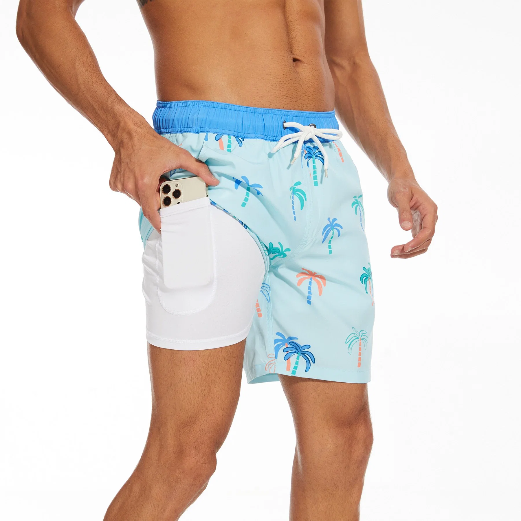 Personalizado 2 en 1 bordeado el Athletic emparejador de deportes de playa Mens Swim Shorts