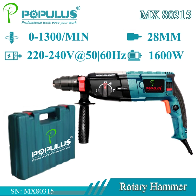 Populus nueva llegada martillo perforador de Calidad Industrial herramientas potencia 1600 W/28mm martillo eléctrico para el mercado indonesio