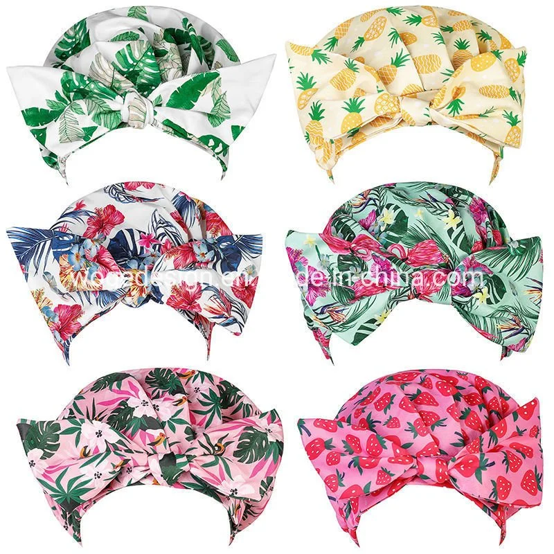 Fashion Women Stripe Coconut Palm and Polka DOT Print Pattern Waterproof Reusable Shower Hair Caps for Long Short Curly