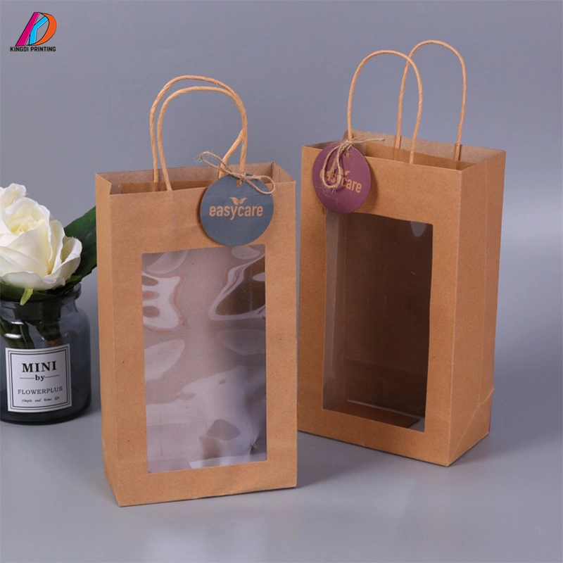 Customized Kraft Shopping Paper Packaging Bag with Clear PVC Window and Length Handle