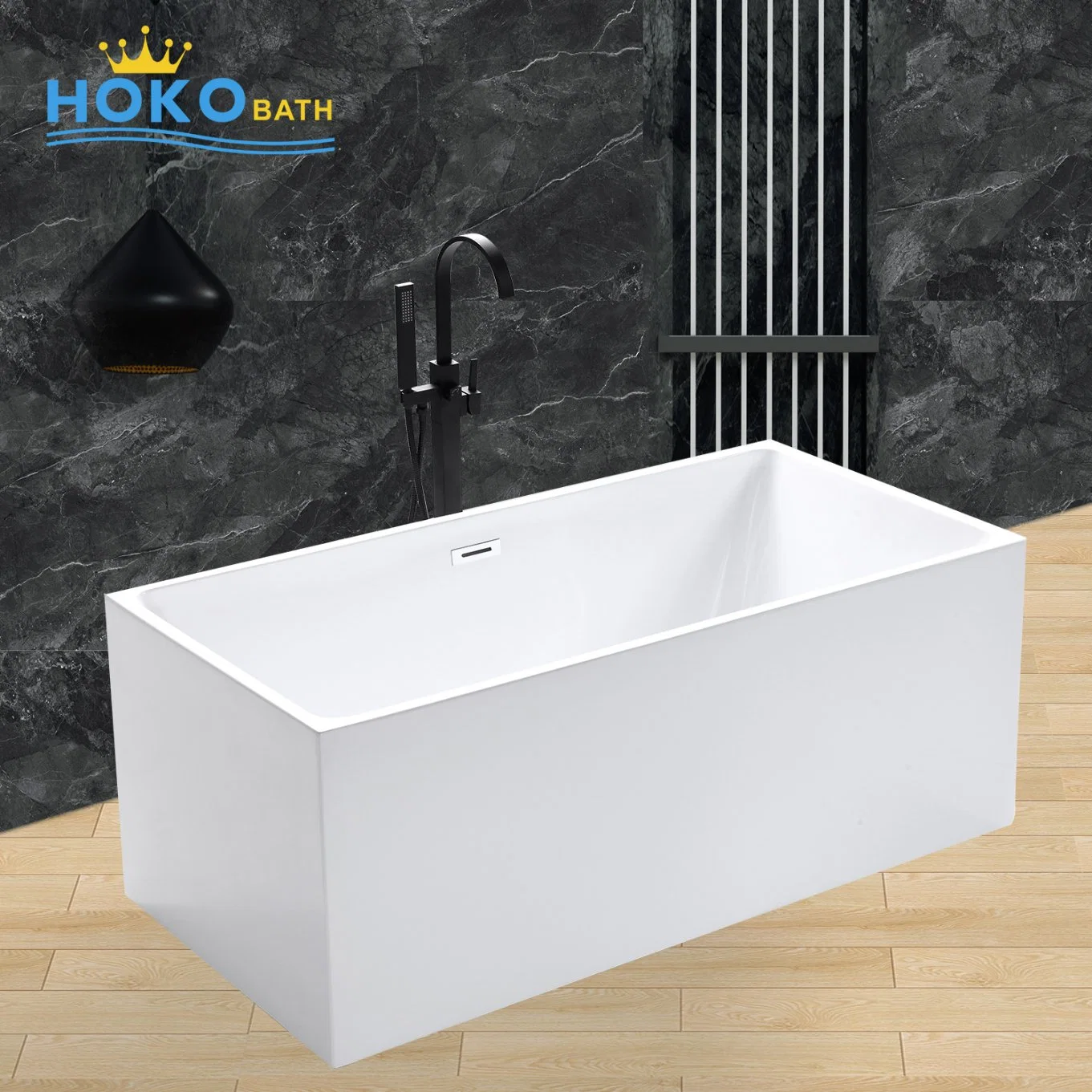 Rectangular Reversible Large Adult Bathroom Tub Acrylic Solid Surface Bathtub Freestanding Deep Soaking Bathtub with Center Drain Overflow