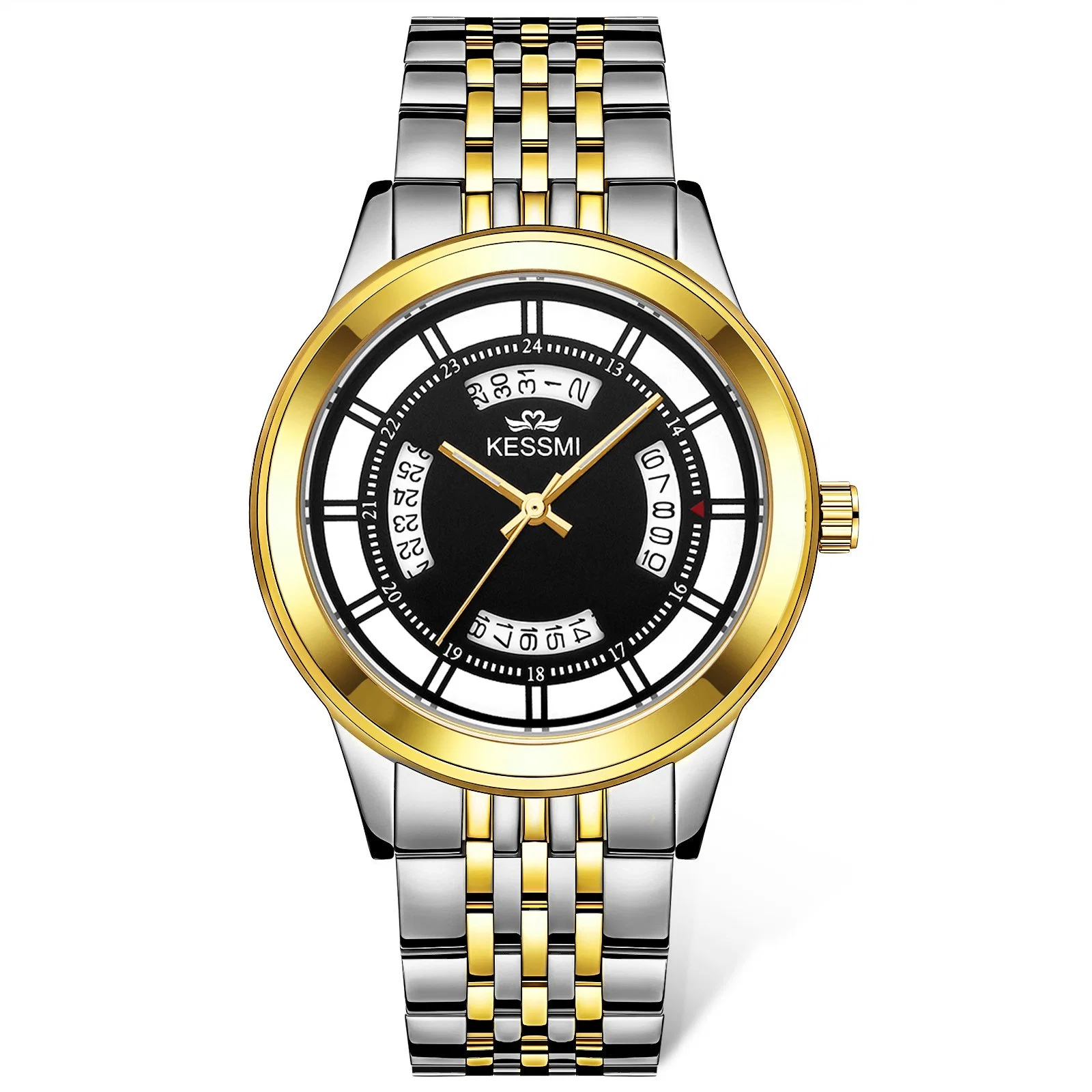 Nuevo Diseño de lujo en acero inoxidable reloj de oro Mens Big Date reloj de cuarzo analógico Don