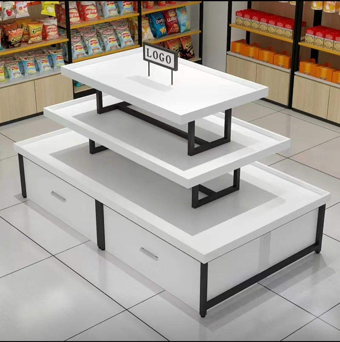 Retail Supermarket Drinks Display Rack Grocery Store Fixture Wood Shelf Exhibition Table