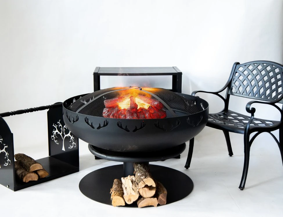 Round Fire Pit with Firewood Storage Stand and Mesh