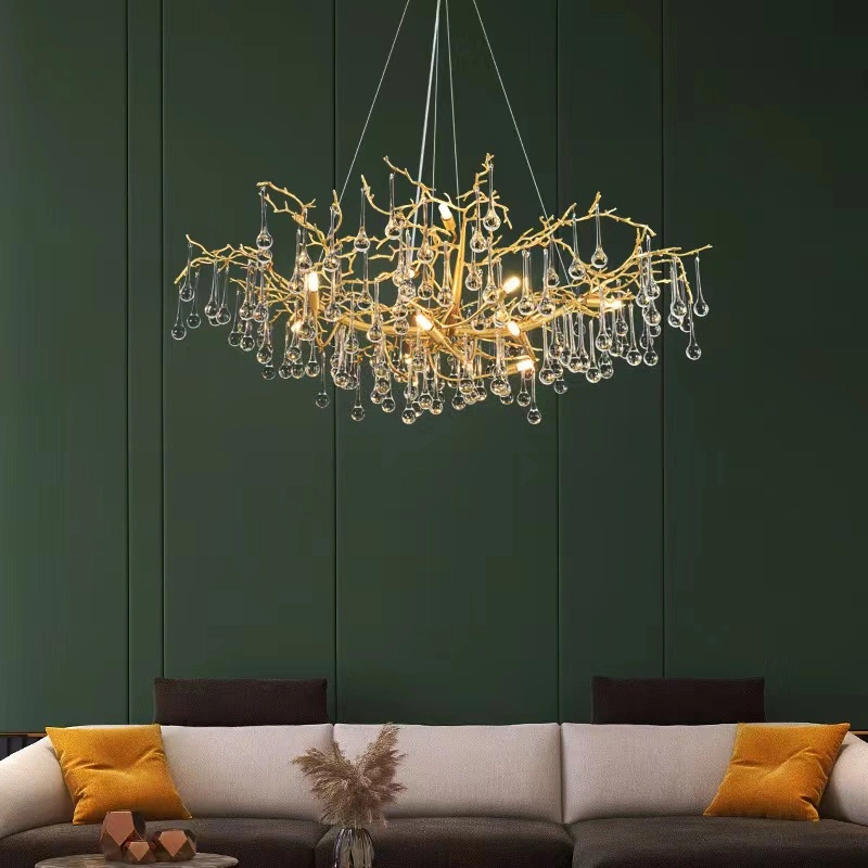 French Gold Luxury Crystal Chandelier Modern Simple Water Drop Lamp Ceiling Lighting.