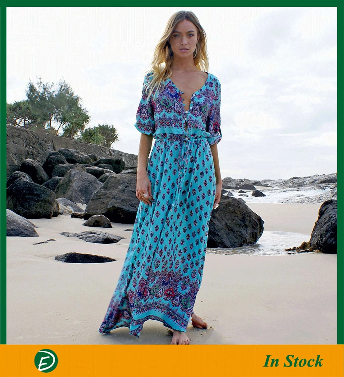 New Design Factory Made Cardigan Print Buckle Beach Dress