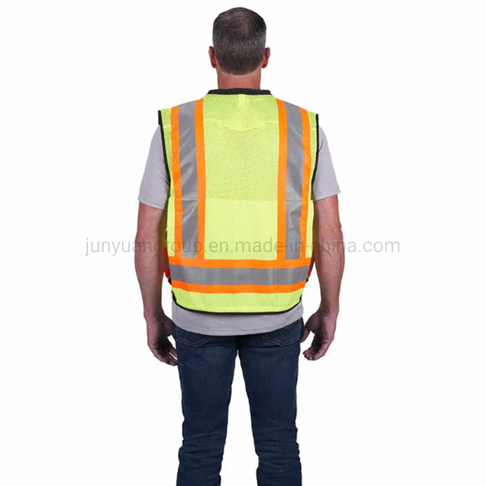 OEM Factory Custom Logo ANSI 2 Construcción de Alta visibilidad Reflectiva Chaqueta Vest Surveyor con bolsillos