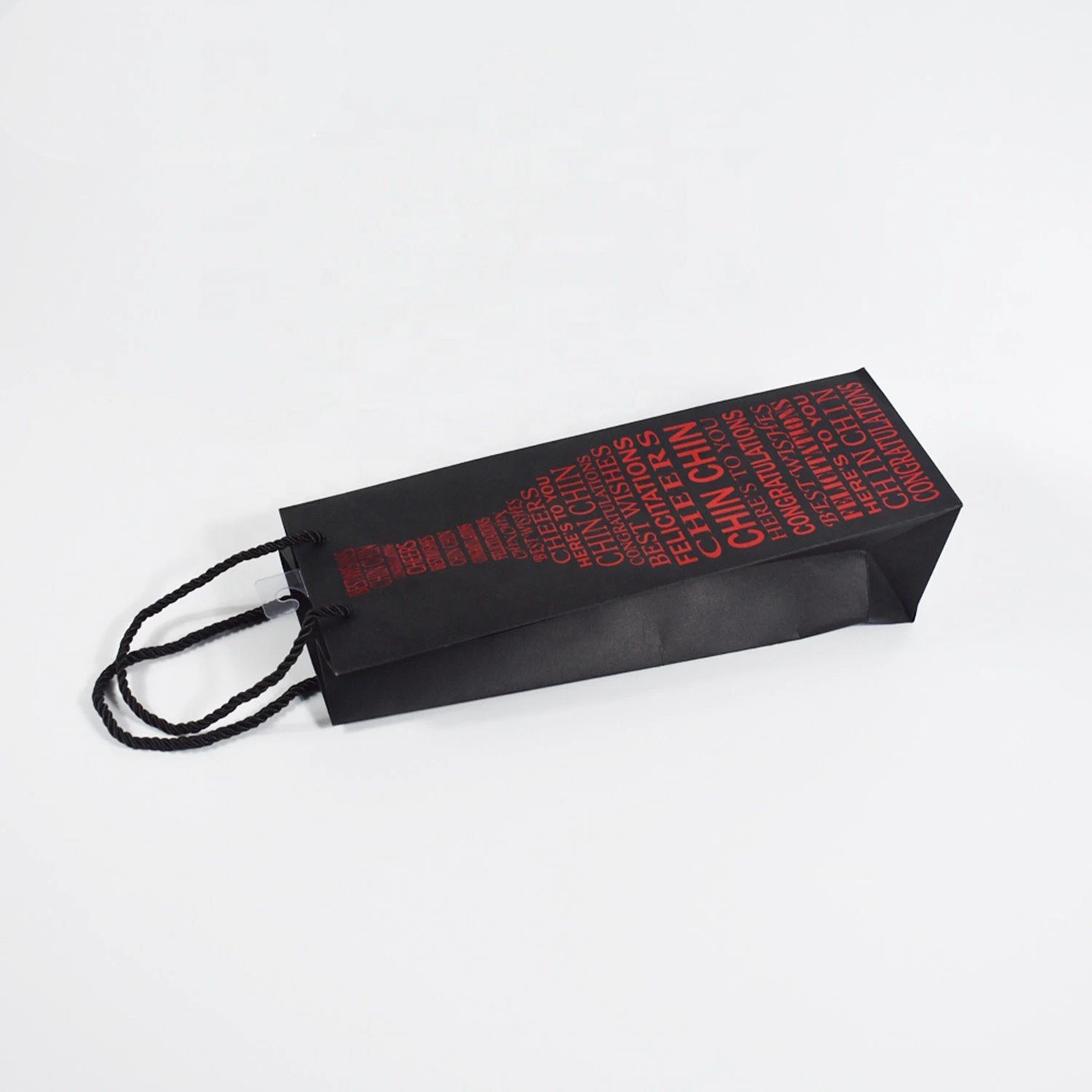 Stock Red Hot Stamping on Black Single Bottle Paper Bag for Packing Wine or Other Gifts Shopping Bag