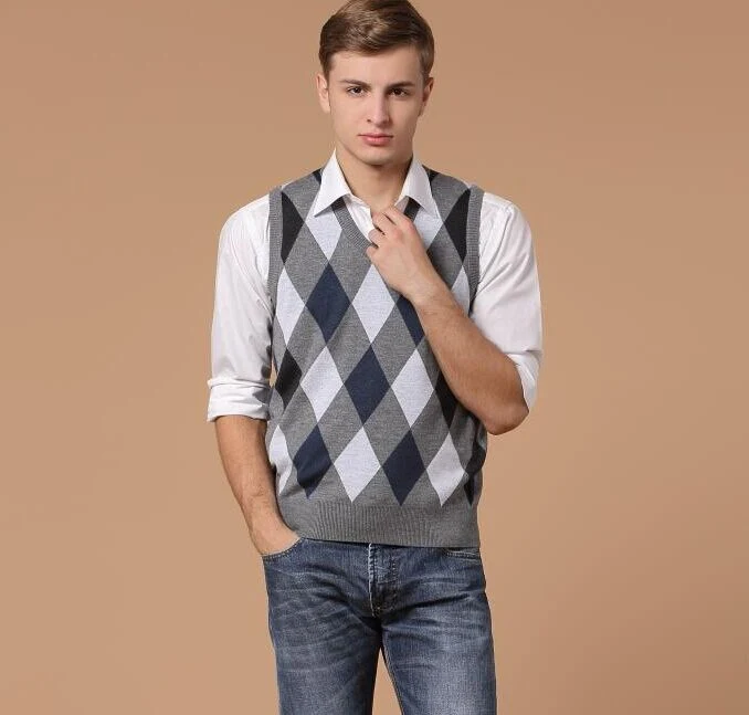 Marca de moda Suéter Argyle Vest para Mens Pullovers Plaid Slim Fit Jumpers colete de malha cor de contraste homens Roupa casual de Grade