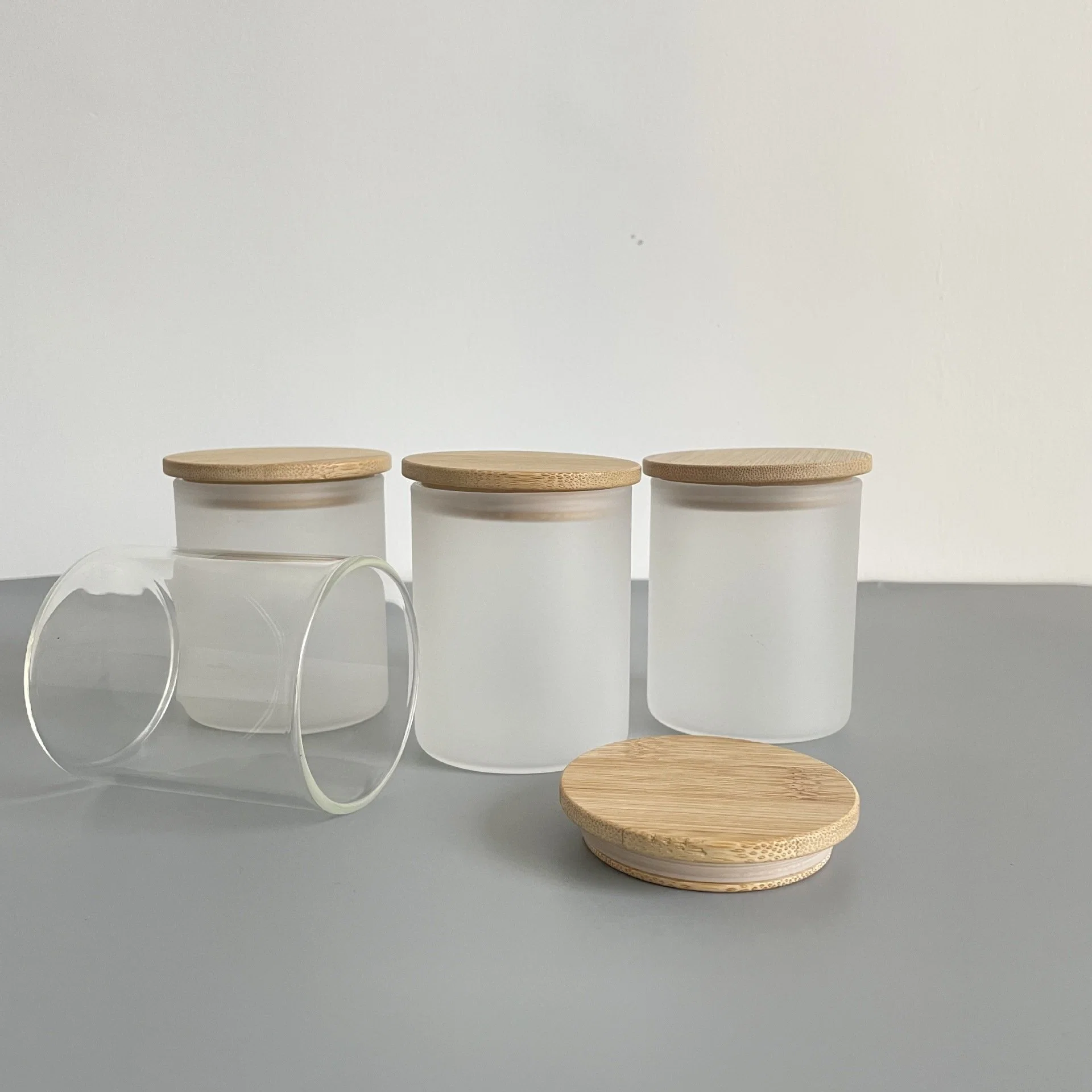 9 Oz/270 Ml Sublimation Blank Frosted Glass with Bamboo Cover Transparent Candlestick Glass Food Storage Container