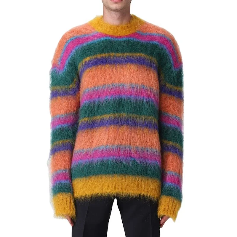 Camisolas personalizadas Fuzzy Knitwear Winter Knittrained Pullover Striped Mohair para homem