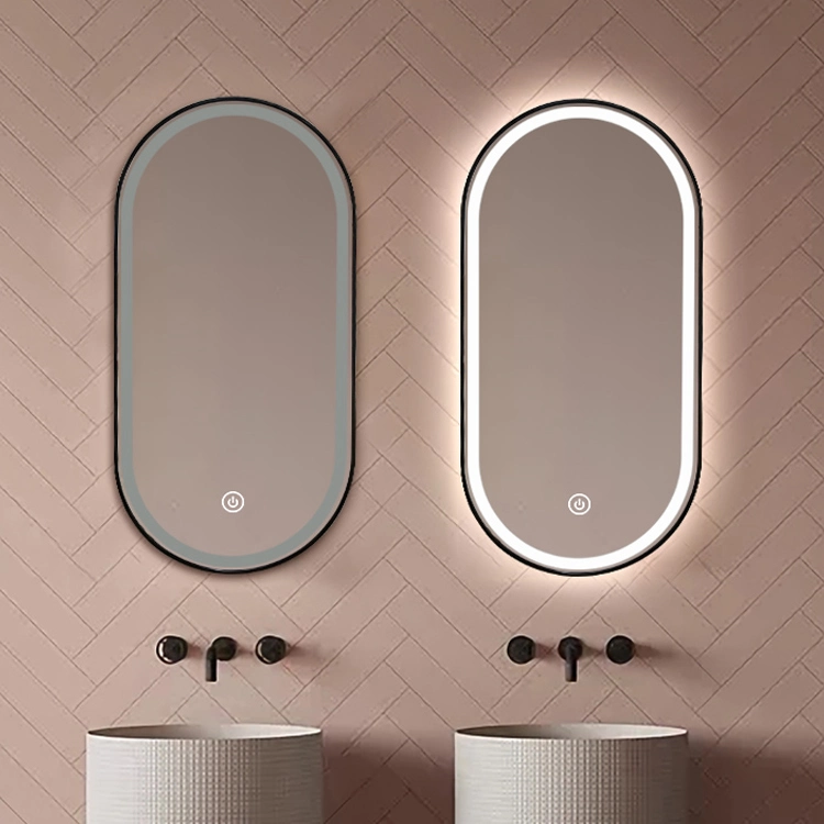 Wall Mounted Black Aluminum Framed Bathroom Oval Hotel Smart Lighted Mirror
