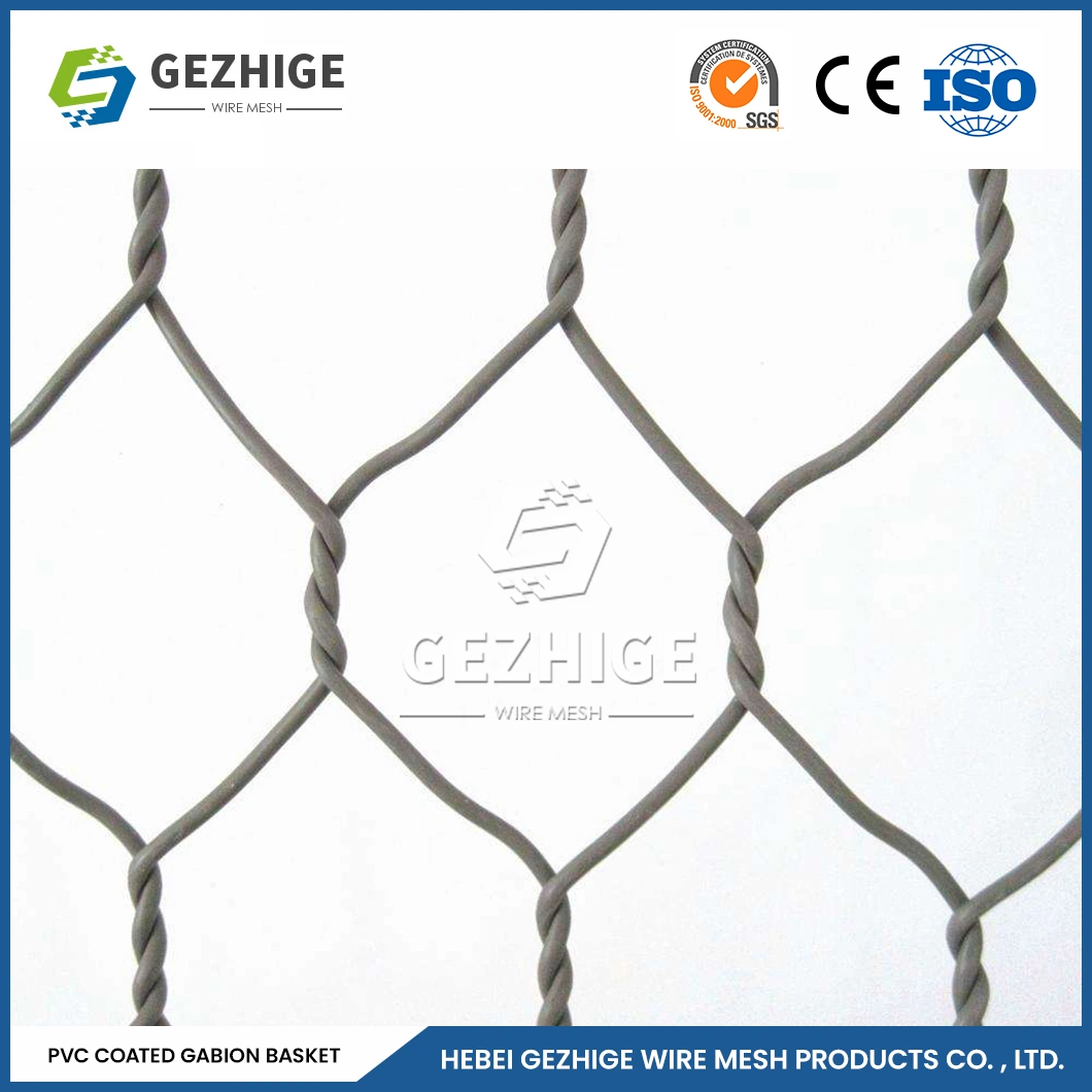 Gezhige 100x150 mm galvanizado Gabion Hexagonal Malla de cable 4,0 mm de espesor de alambre borde cable de metal recubierto de PVC Gabion China de Alambre Tejido Hexagonal Malla Gabion