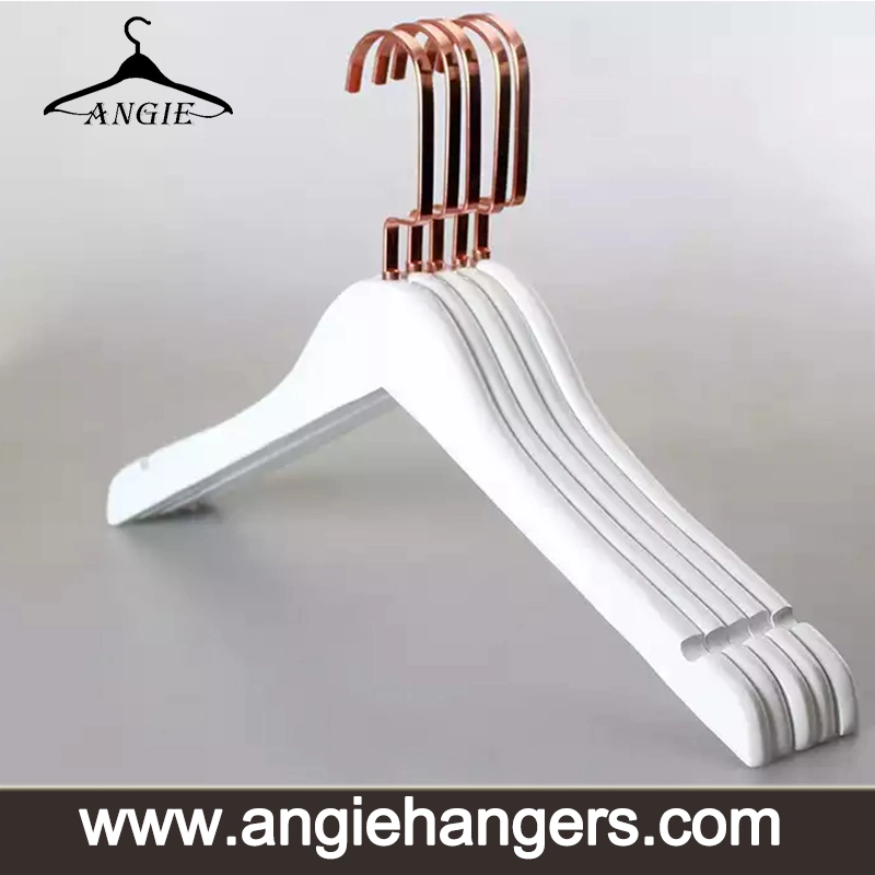 White Wooden Top and Buttomdisplay Hangers for Suit/Coat/Shirt with Rose Gold Metal Flat Hook