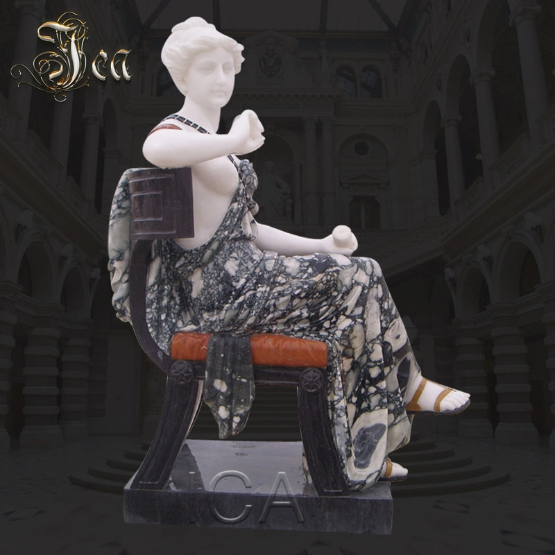 Hand Carved Outdoor Life-Size Marble Woman Statue Sit Chair