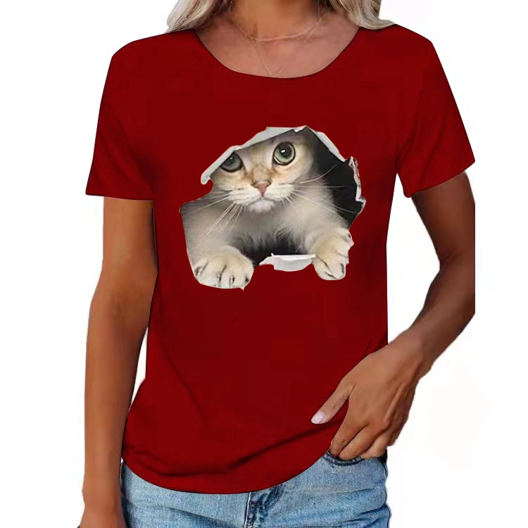 Mayorista/Proveedor personalizadas T-shirt mujer imprimir el gráfico de moda ropa de damas en 3D TEE Camiseta Cat Tops