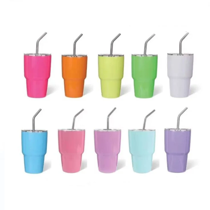 3oz Blank Sublimation Stainless Steel Short Glass Mini Tumbler with Metal Straw and Shrink Film