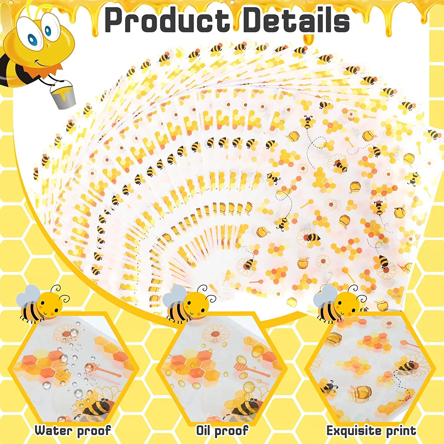 Papel de Cera de Bee Day para el alimento Bee Party favor de Cera Papel hojas Deli papel sandwich envolver Candy galletas envolver Picnic Revestimientos de la cesta con patrón de la abeja para la cocina de la barbacoa H