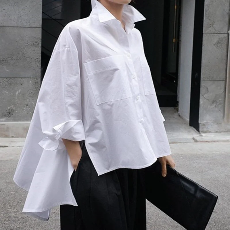 Spring and Summer Casual Loose Irregular Blouse Fashion Large Size Commuter Style Long-Sleeved White Blouse