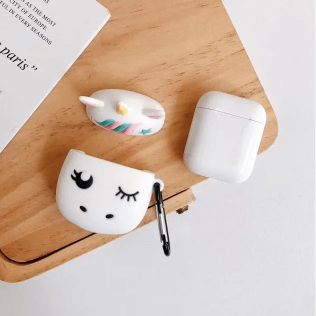 Cute Silicone Case for Airpod 1 2 3D Cute Unicorn White Cartoon Protective Earphone Case for Air Pod Cover Bag with Carabiner