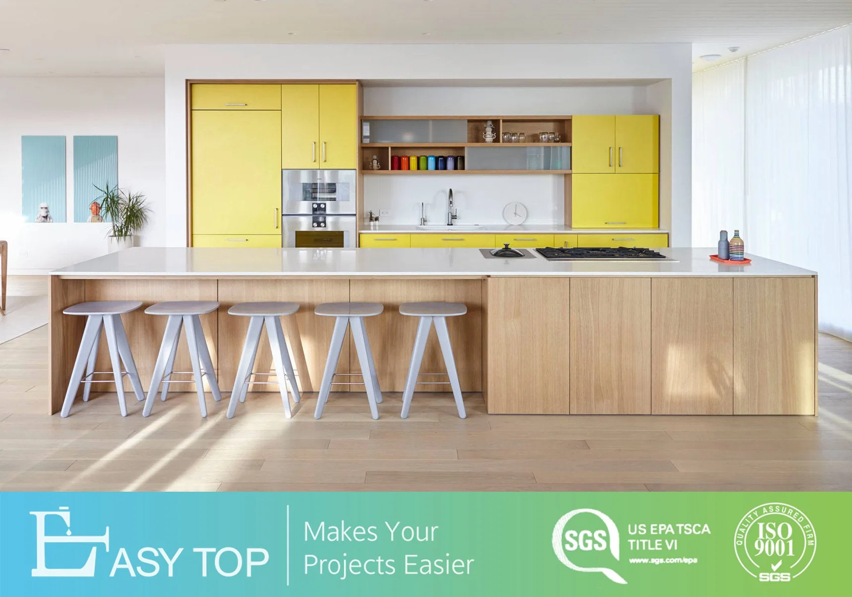 Diseño plano de Panel de puerta de melamina de color amarillo de muebles de cocina armario de casa Ideas
