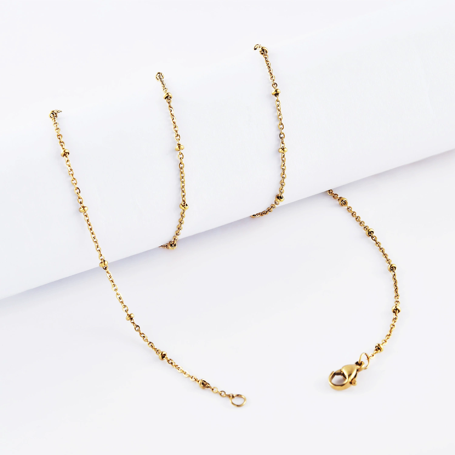 Classic Gold Plated Stainless Steel Flat Cable Chain Necklace Bracelet Anklet Fashion Jewelry with Beads