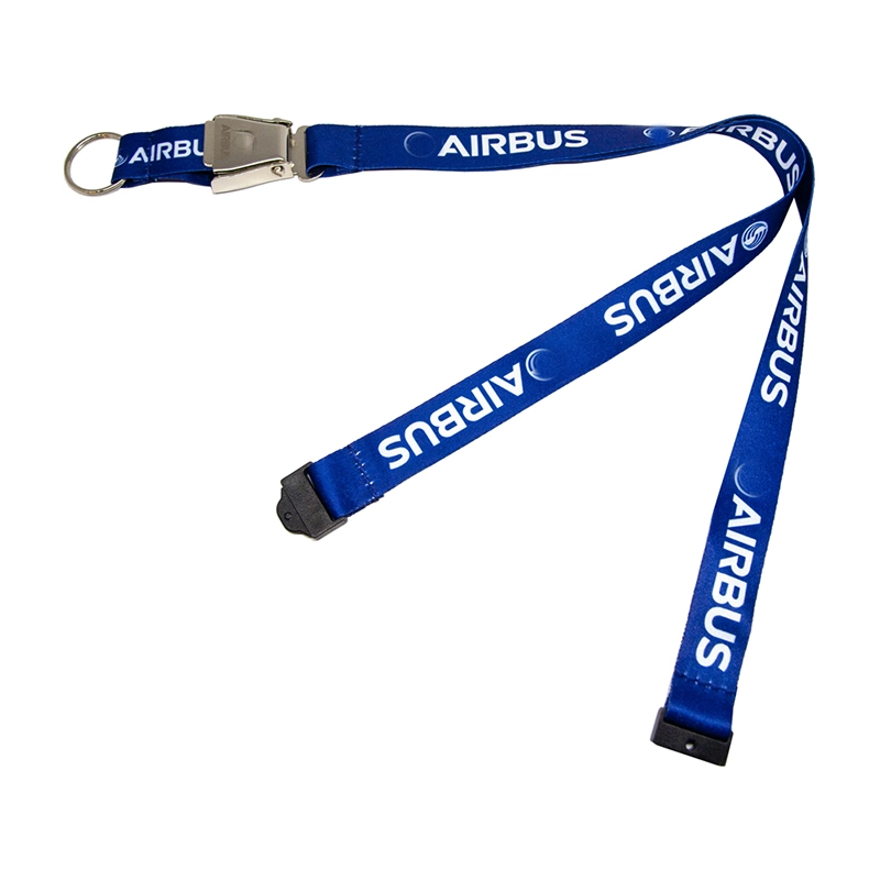 Lanière de sécurité personnalisée avec fermoir de ceinture d'avion en alliage et logo de designer imprimé en sérigraphie.