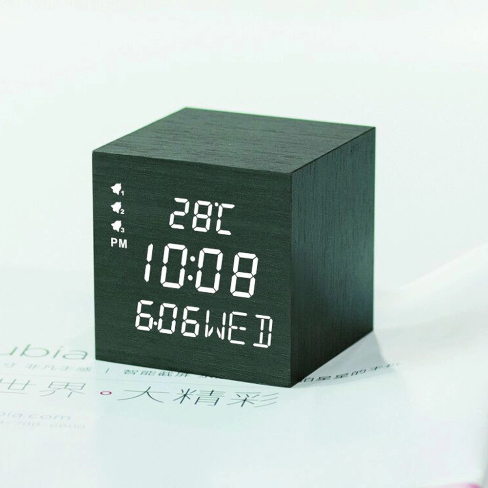 Temperature Calendar Table LED Alarm Clock Wood Effect Desk Gift