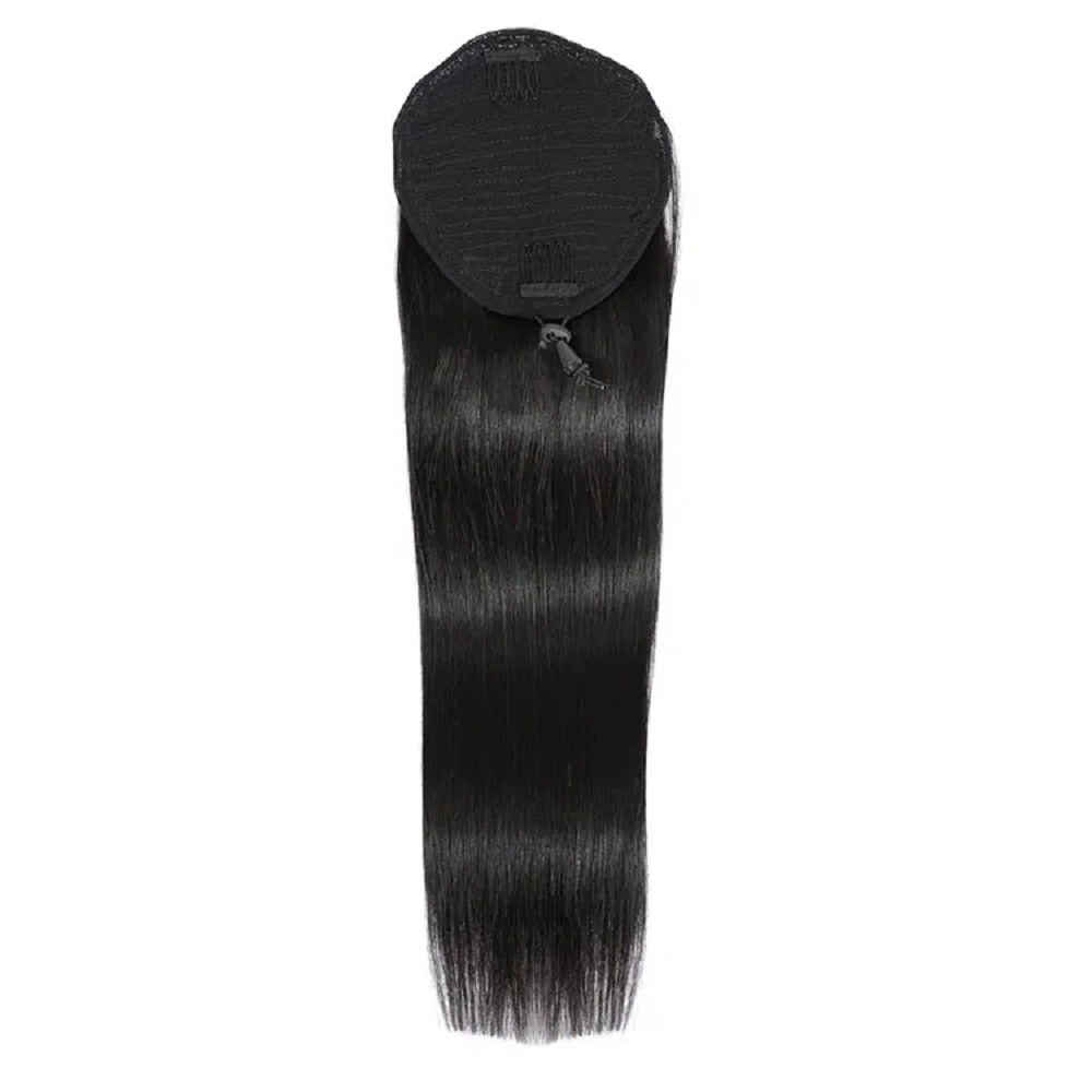 Unprocessed Straight Drawstring Human Hair Ponytail Clip in Extension Full Brazilian Black Colors Active Market