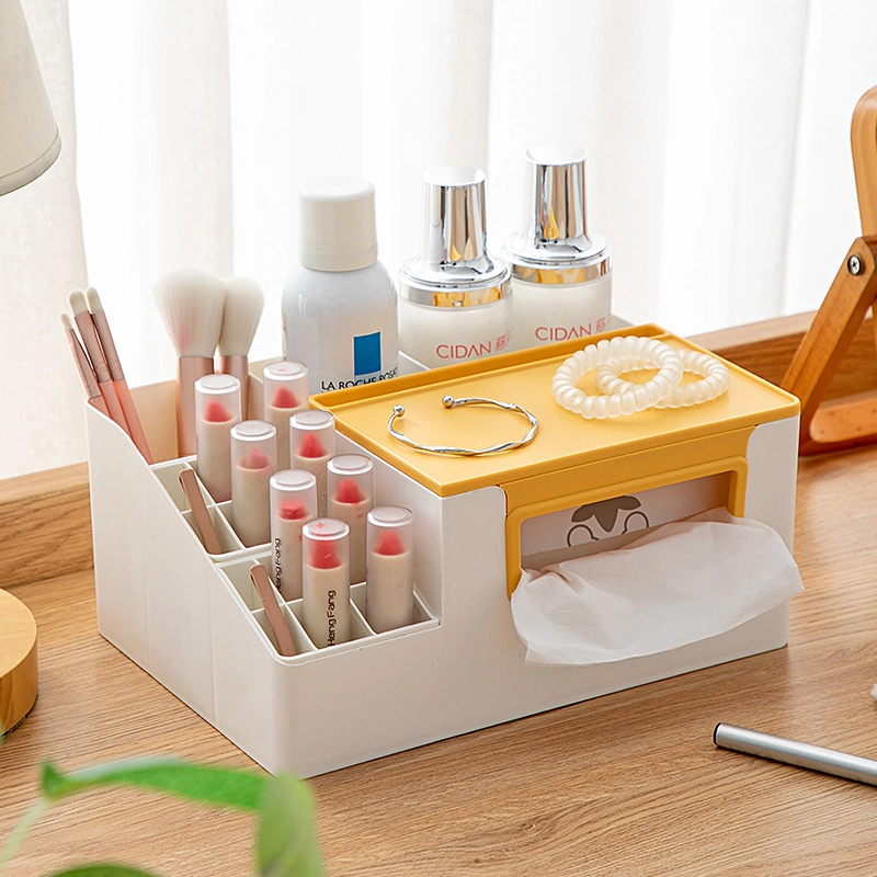 Multi-Functional Household Office Paper Box Plastic Daily Storage Desktop Tissue Box with Lipstick Stand