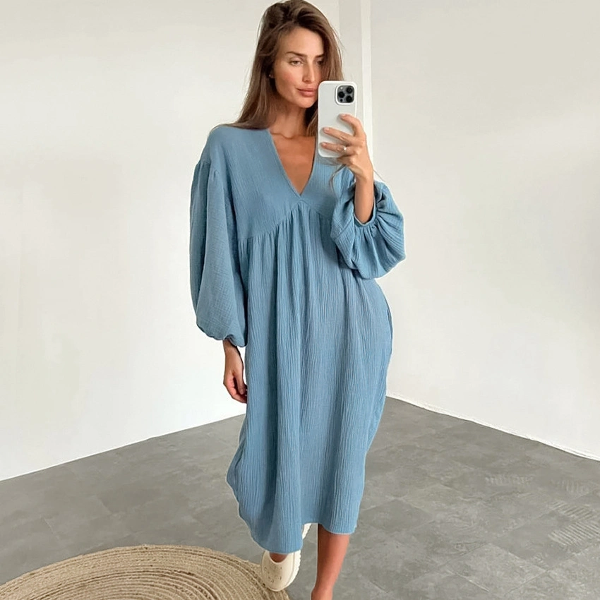 Long Sleeve Muslin Cotton Morning Gown Women Dress Sleepwear