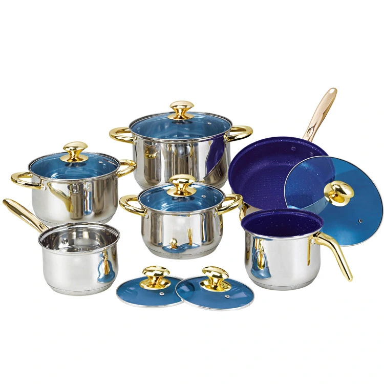 Großhandel/Lieferant 12pcs Edelstahl Kochgeschirr Set mit goldenen Griffen und blauen Glasdeckel, wirtschaftliche Küchenutensilien geeignet für alle Kochfelder mit Töpfen und Pfannen