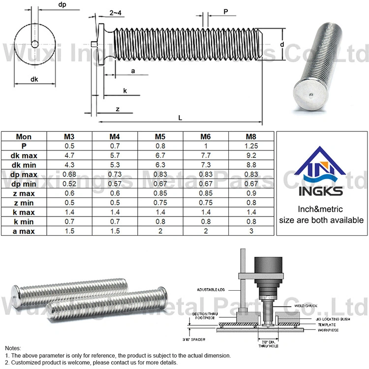 Acero inoxidable 304 A2-70 espárragos de soldadura PT roscados extrasernales