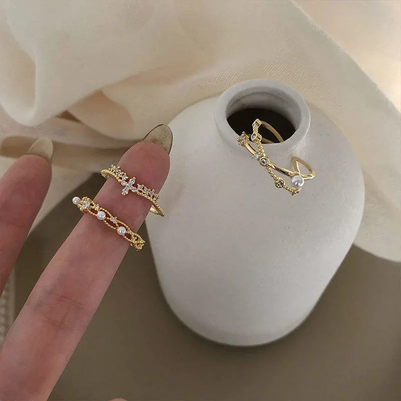 5pcs/Set Zircon Open Ring Set Geometric Cross Pearl Women Rings