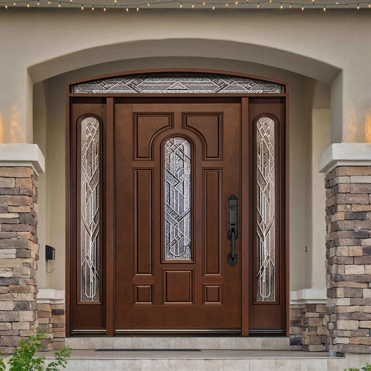 Diseño de puerta principal de madera redonda de lujo con ventana de vidrio para protección moderna contra robos en residencias