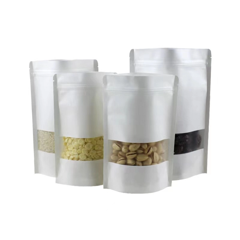 Saco de papel kraft para embalagem de alimentos em estoque rápido com janela, com fecho ziplock, reciclável, marrom e branco, para lanches e chá.