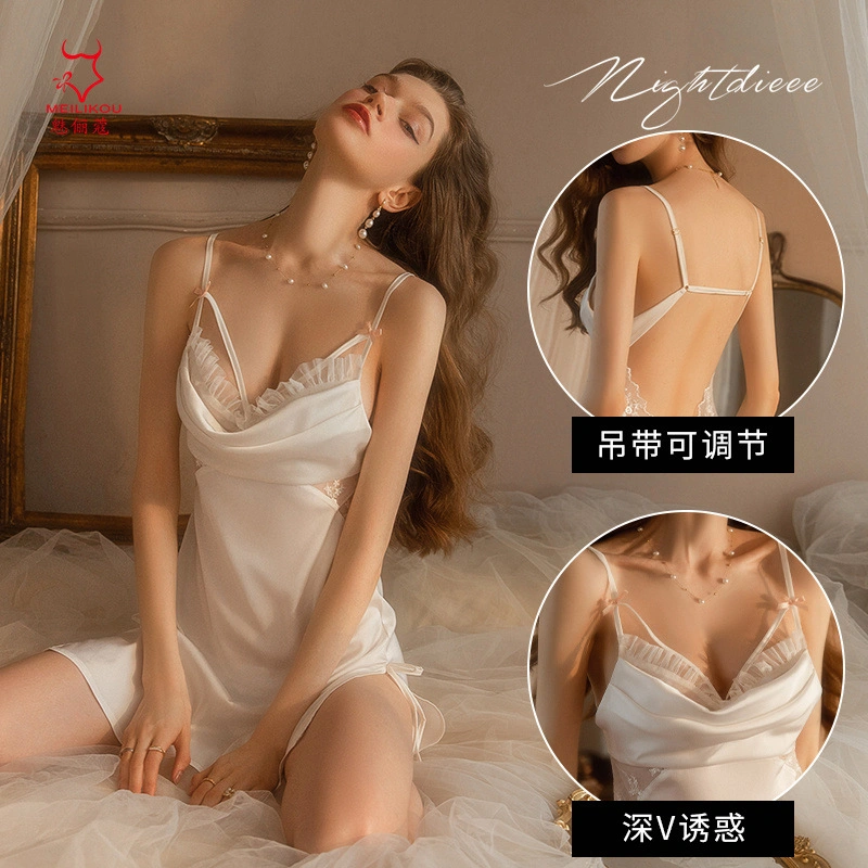 Soft Satin Sexy Pajama Women Fall Explosive Lace Edge Hollowed-out Halter Seductive Slip Dress Home Wear