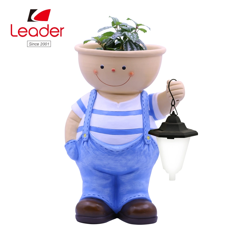 Big Cool Kid Girl with Lantern Flowerpot for Home and Garden Decor