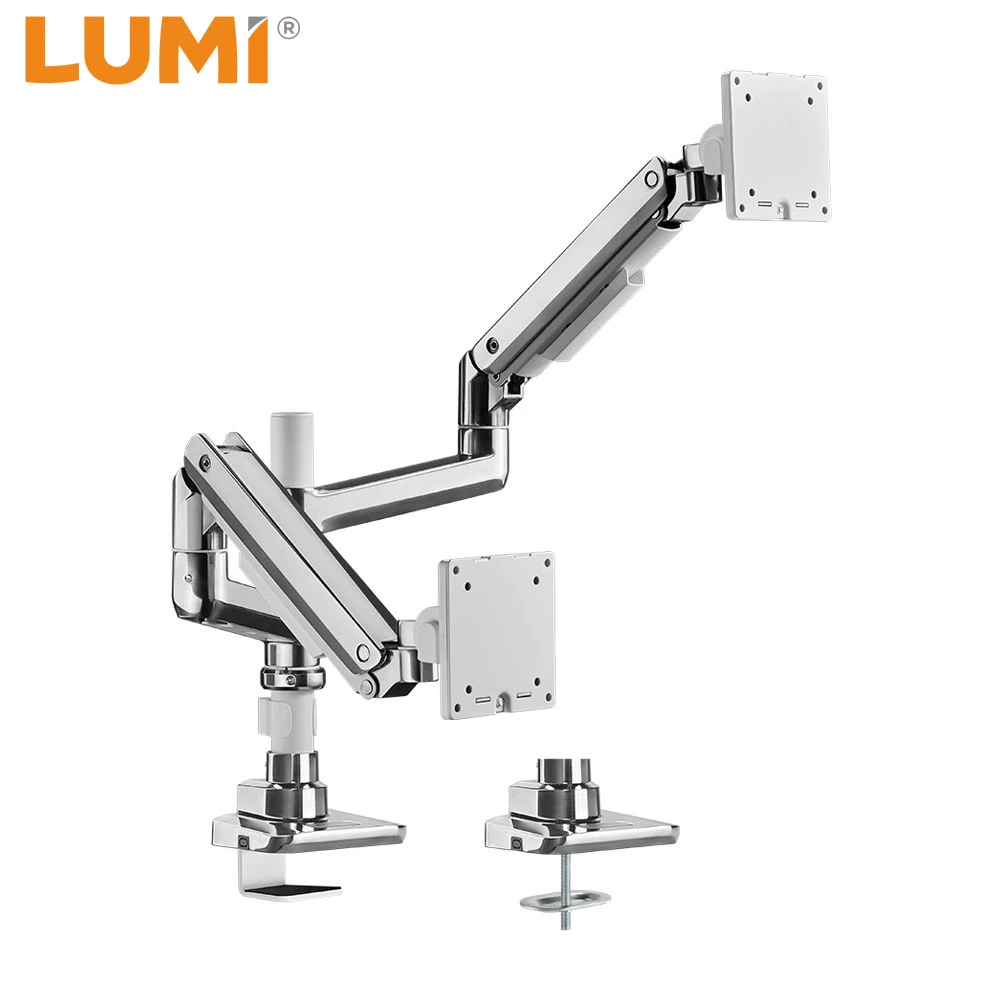 China Heavy Duty Ultrawide Tisch Mount Dual Einstellbare Gasfeder Dual Monitor Arm für bis zu 49 Zoll 44lbs 100x100 VESA Convex Monitor Factory Manufacture