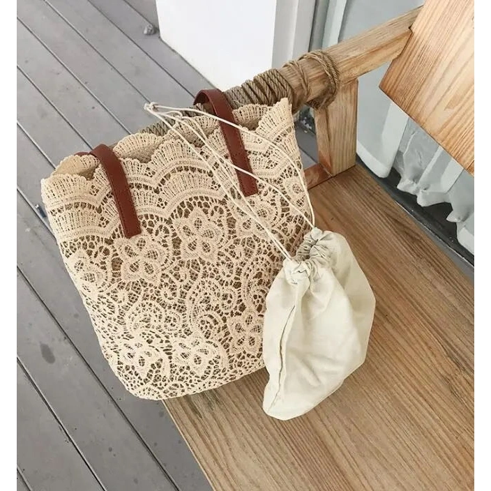 Women Lace Tote Bag with Leather Handdles