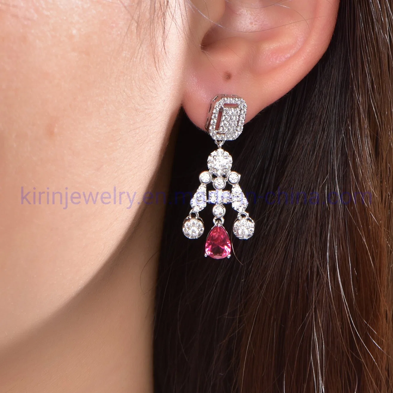 Boucle d'oreille à pompon bohémien, boucles d'oreilles en zircone cubique 5A CZ, goutte de poire en diamant de rubis, boucles d'oreilles en argent sterling 925.