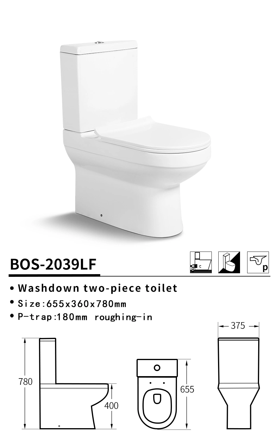 Cheap European P-Trap lavage toilettes deux pièces de rinçage de la porcelaine sanitaire